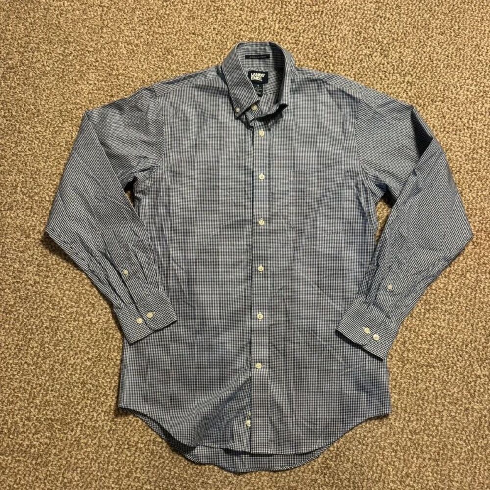 Lands' End No Iron Supima Pinpoint Gingham Dress Shirt Navy Size Small